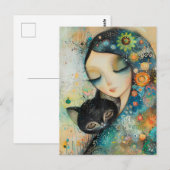 MÄDCHEN UND KATZE KUNST-PUZZLE POSTKARTE (Vorne/Hinten)