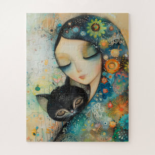 MÄDCHEN UND KATZE KUNST-PUZZLE PUZZLE