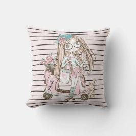 Mädchen und Katze mit Scooter Stripes Individuelle Kissen