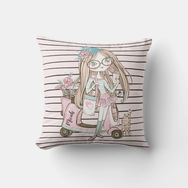 Mädchen und Katze mit Scooter Stripes Individuelle Kissen (Vorderseite)