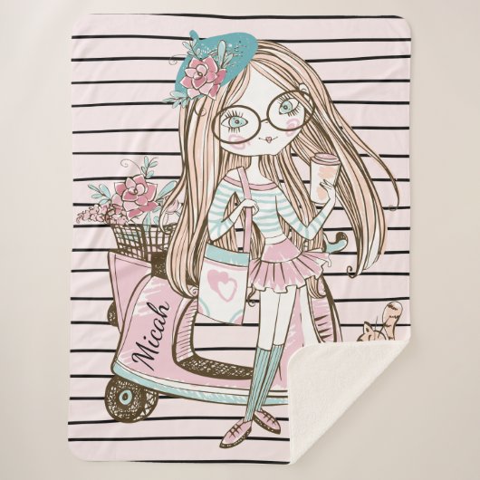 Mädchen und Katze mit Scooter Stripes Individuelle Sherpadecke (Vorderseite)
