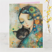 MÄDCHEN- UND KATZGEBURTSTAGSKARTE KARTE (Gelbe Blume)