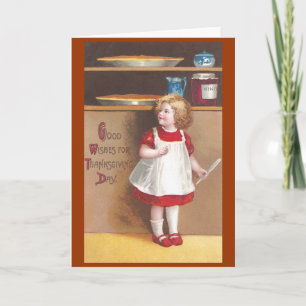 Mädchen und Kürbiskuchen Vintage-Thanksgiving Feiertagskarte