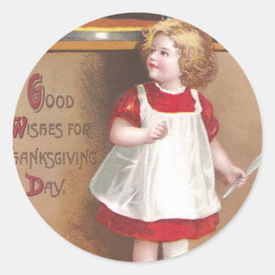 Mädchen und Kürbiskuchen Vintage Thanksgiving Runder Aufkleber