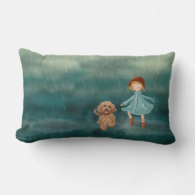 Mädchen- und Labradoodlehund im Regen Lendenkissen (Vorderseite)