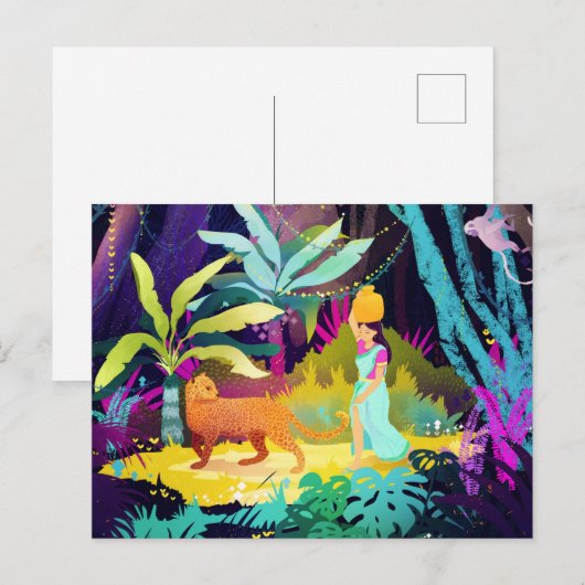Mädchen und Leopard im Regenwald Postkarte (Vorne/Hinten)