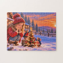 Mädchen und Mäuse schmücken einen Weihnachtsbaum