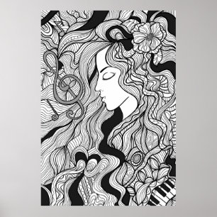 Mädchen und Musik. Vintage Darstellung. Schwarzer  Poster