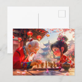 Mädchen und Opa spielen Modernes Schach Feiertagspostkarte