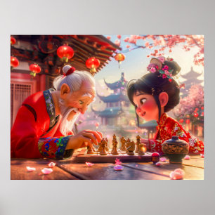Mädchen und Opa spielen modernes Schach Poster