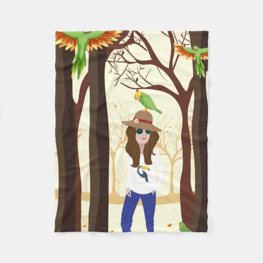 Mädchen und Papageien Fleecedecke (Vorderseite)