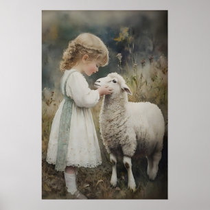 Mädchen und Schaf Druck, Osterlamm Dorf Poster