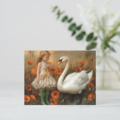 Mädchen und Schwan in den Poppies Postkarte (Stehend Vorderseite)