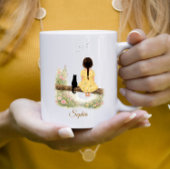 Mädchen und schwarze Katze auf einem Ast Kaffeetasse