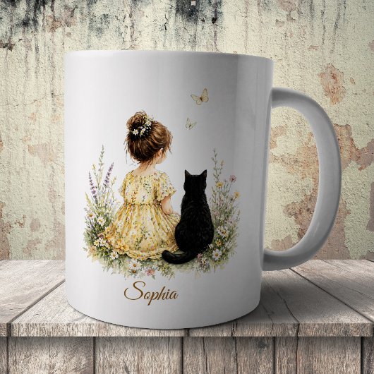 Mädchen und schwarze Katze Kaffeetasse