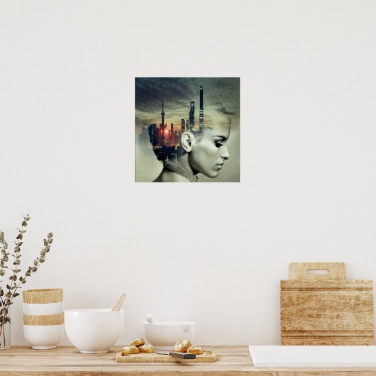 Mädchen und Stadt Poster (Küche)