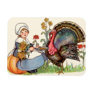 Mädchen und Truthahn, vintage Thanksgiving Magnet