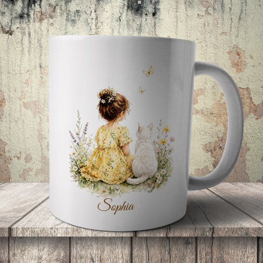 Mädchen und weiße Katze Kaffeetasse