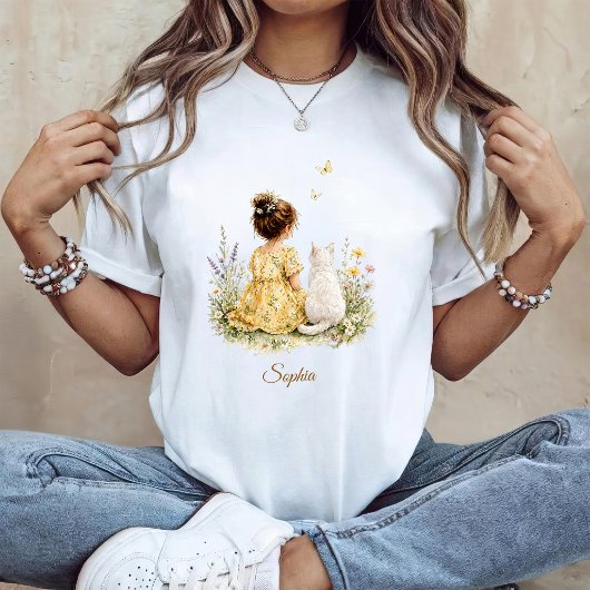 Mädchen und weiße Katze T-Shirt