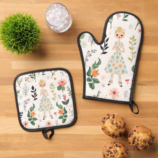 Mädchen unter Blume Ofenhandschuh & Topflappen-Set (Oben Unten)