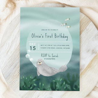 Mädchen unter dem Meeresmeer Siegel 1. Geburtstag Einladung