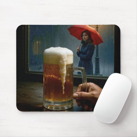Mädchen unter einem roten Regenschirm mit Blick in Mousepad (Mit Mouse)