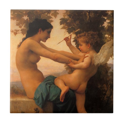 Mädchen verteidigt sich gegen Cupid von Bouguereau Fliese (Vorderseite)