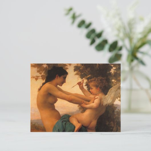 Mädchen verteidigt sich gegen Cupid von Bouguereau Postkarte (Stehend Vorderseite)