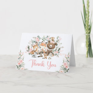 Mädchen-Wald-Babyshower: Rosa Waldtiere Dankeskarte