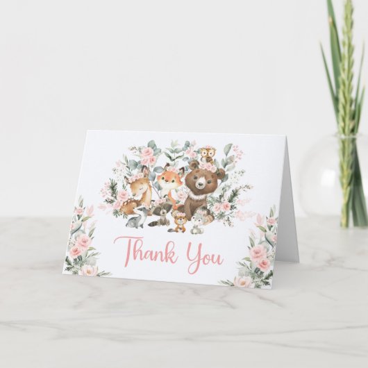 Mädchen-Wald-Babyshower: Rosa Waldtiere Dankeskarte (Vorderseite)