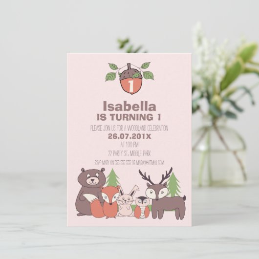 Mädchen-Waldgeburtstags-Party Einladung (Stehend Vorderseite)