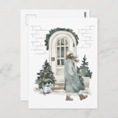 Mädchen wandern im Winter auf der Straße Postkarte (Vorne/Hinten)