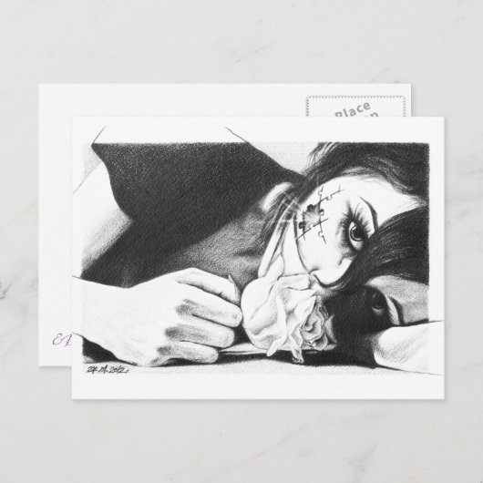 Mädchen weinen mit Rose Surreal zeichnend Kunst Postkarte (Vorne/Hinten)
