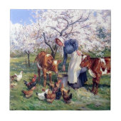 Mädchen, welches Vieh das Malen füttert Fliese (Vorderseite)