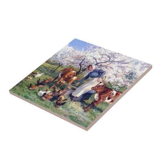 Mädchen, welches Vieh das Malen füttert Fliese (Seite)