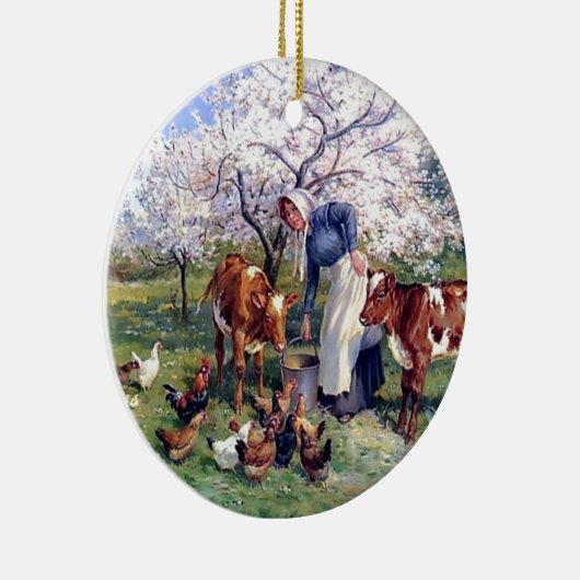 Mädchen, welches Vieh das Malen füttert Keramik Ornament (Rechts)