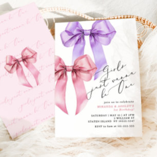 Mädchen wollen nur eine rosa Bow Twin Girls sein Einladung