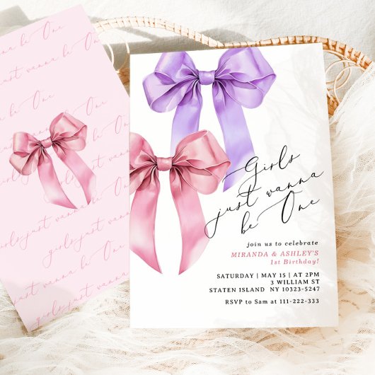 Mädchen wollen nur eine rosa Bow Twin Girls sein Einladung