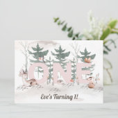 Mädchen zum ersten Geburtstag, Waldtiere rosa eins Einladung (Stehend Vorderseite)