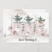 Mädchen zum ersten Geburtstag, Waldtiere rosa eins Einladung (Vorne/Hinten)