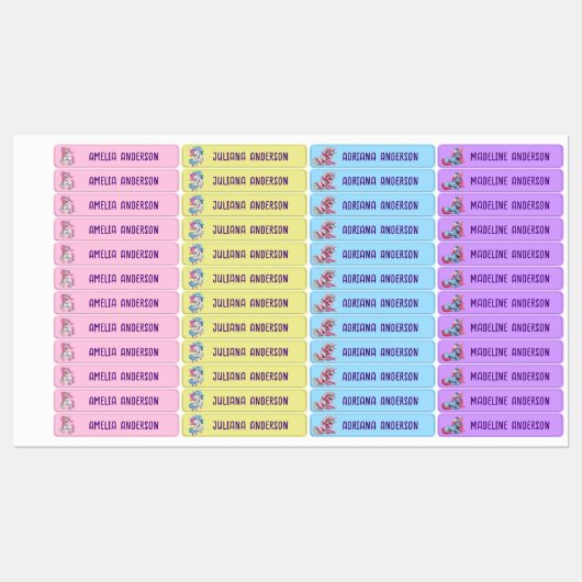 Mädchen zurück zur Niedlichen magischen Einhornfar Etiketten (Blatt)