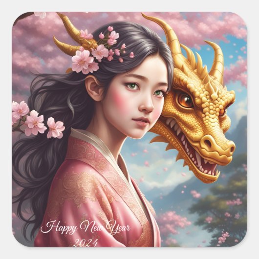 Mädchen zwischen Kirschblüten  Quadratischer Aufkleber (Vorderseite)