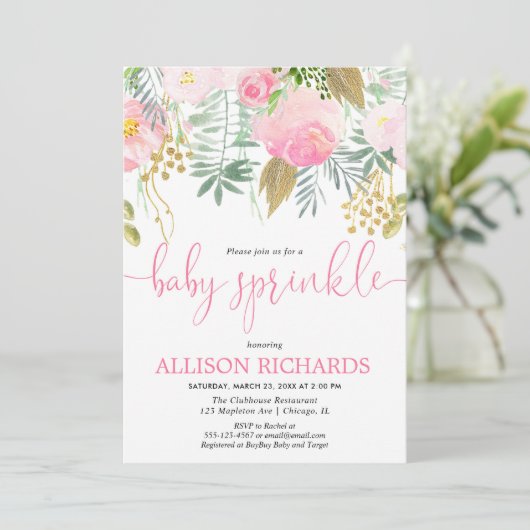 Mädchenbaby besprühen das rosa Blumen Goldgrün Einladung (Stehend Vorderseite)