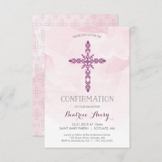 Mädchenbestätigung Einladung, Kreuz & Wasserfarbe Einladung (Vorne/Hinten)