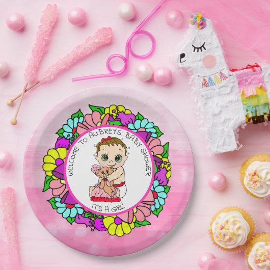 Mädchendusche, Baby mit Teddy Bear Paper Pla Pappteller (Party)