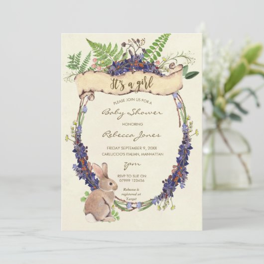 Mädchendusche Einladung Waldhasen (Stehend Vorderseite)