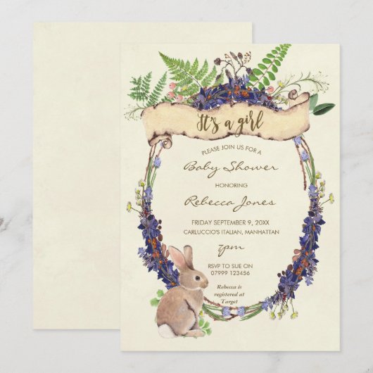 Mädchendusche Einladung Waldhasen (Vorne/Hinten)