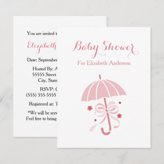 Mädchendusche Niedlich rosa Regenschirm mit Bow Einladung (Vorne/Hinten)