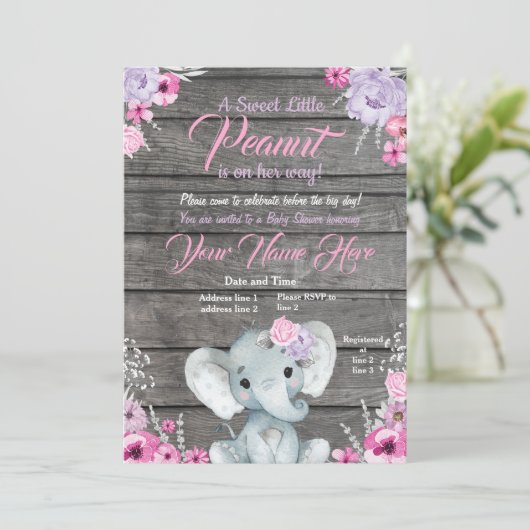 Mädchenelephant Kinderdusche, rustikal, rosa lila Einladung (Stehend Vorderseite)