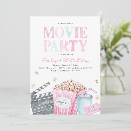 Mädchenfilm Geburtstagsfeier Einladung (Stehend Vorderseite)